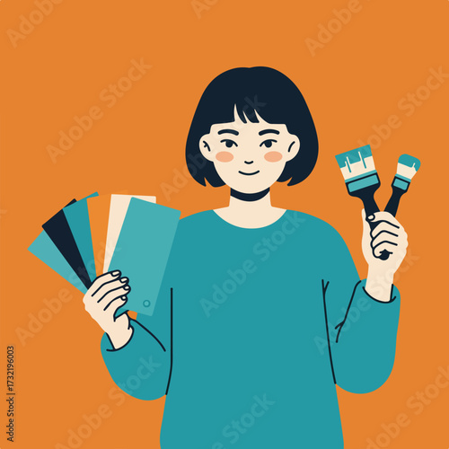 Woman with swatches and brushes on orange background in simple illustrative style