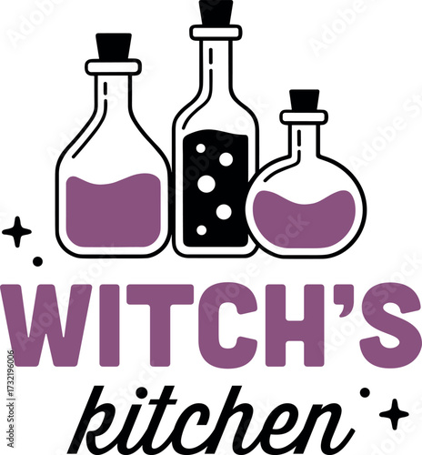 Witch's kitchen magic potion bottle witches cooking class apothecary illustration shirt design logo. Magical Halloween witchy fall season black and purple aesthetic decor poster sign sticker clipart.