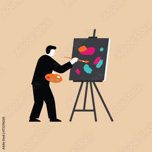 Artist painting on a canvas with bright colors, using a brush and a palette