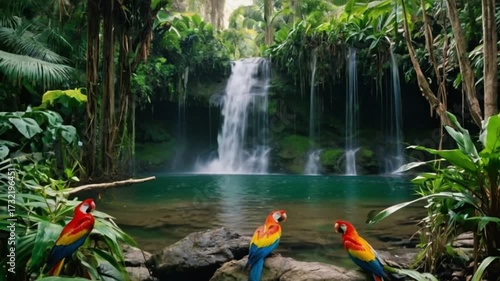 A hidden waterfall deep in the jungle, surrounded by vibrant green plants and colorful tropical birds