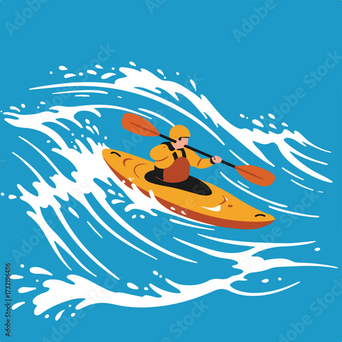 Kayaker paddling through waves