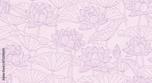 Lilac floral pattern lotus flowers and leaves outlined in fine lines