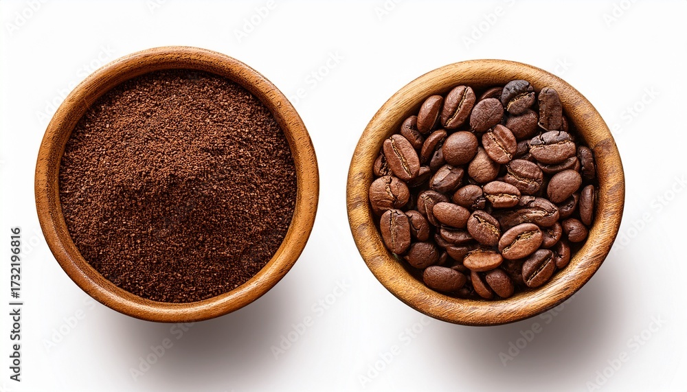 Fototapeta premium Flat Lay Of Roasted Coffee Beans In A Wooden Bowl Isolated On White Background