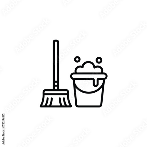 Simple line art icon of a broom and soapy bucket for cleaning
