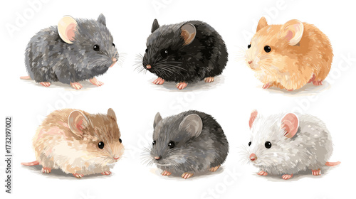 Vector illustration of a set of 6 different mice isolated on a white background