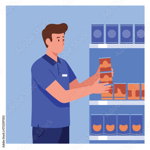 Man restocking canned goods on shelf, in store, blue background