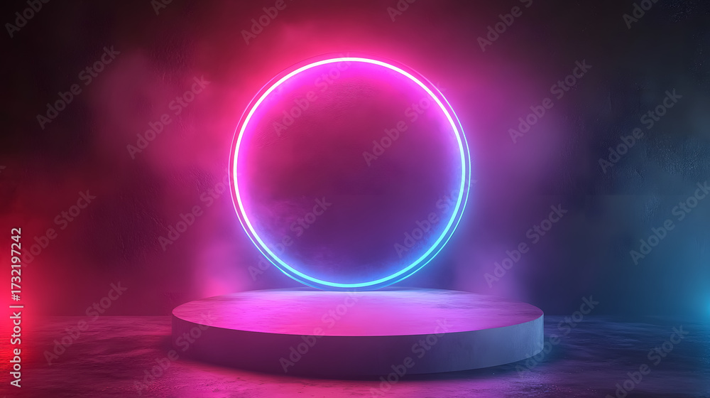 Obraz premium A 3D-rendered abstract background features colorful neon light stones, a glowing ring, and a podium for product presentations.
