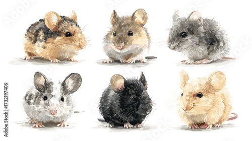 Vector illustration of a set of 6 different mice isolated on a white background