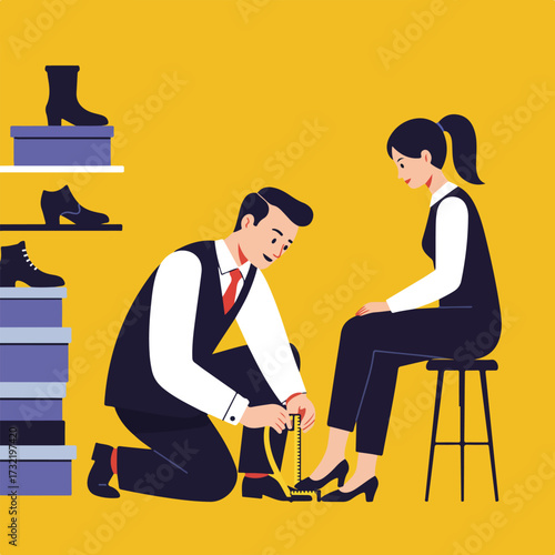 Shoemaker measuring customer's foot for new shoes, yellow background