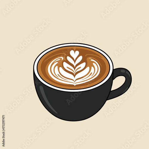 Black mug of latte art with heart and fern-like pattern on a beige background
