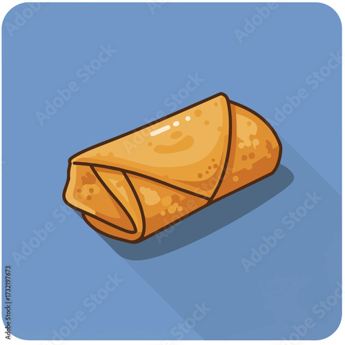 Cartoon-styled golden spring roll casting a shadow on a blue background