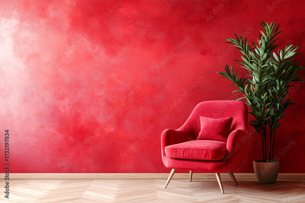 Fototapeta premium Ruby velvet armchair against of vibrant red stucco wall. Minimalist home interior design of modern living room. Empty, blank mock up wall with free space.