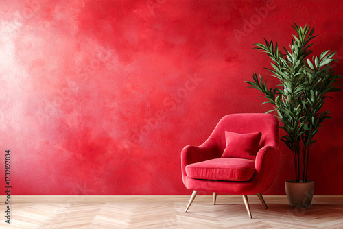 Ruby velvet armchair against of vibrant red stucco wall. Minimalist home interior design of modern living room. Empty, blank mock up wall with free space.