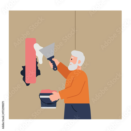 Elderly man filling a hole in the wall