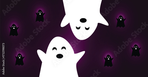 Halloween illustration with ghosts on a purple background, one upside down.