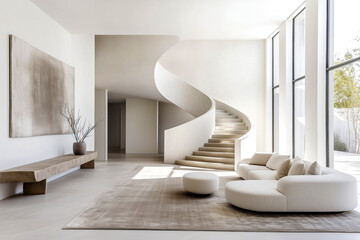 Stylish elegant sofa in minimalist, scandinavian home interior design of modern living room with staircase.