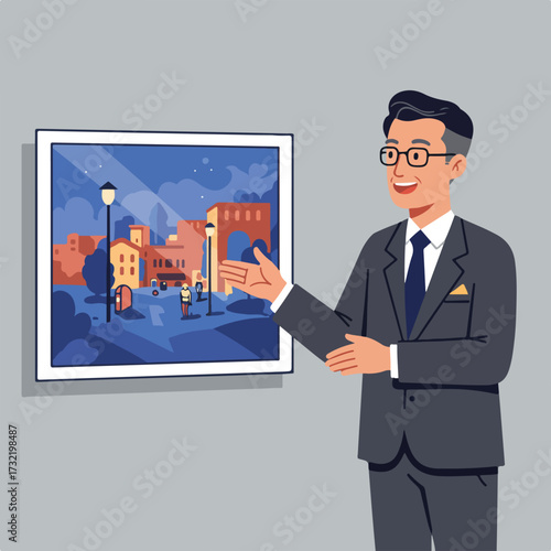 Man presenting a framed art of a city landscape with archways at night