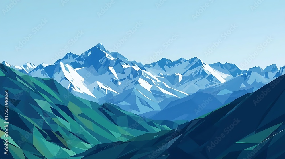 Obraz premium A vibrant, low-poly landscape featuring majestic snow-capped mountains under a clear blue sky, with lush green foothills in the foreground.