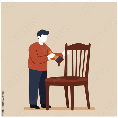 Person painting a chair with a brush, set against a light background