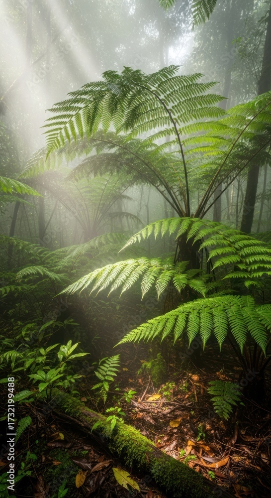 Naklejka premium Sunlight filtering through lush ferns in a misty rainforest.