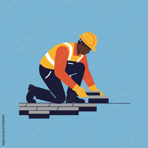 Flat illustration of a construction worker laying paving stones