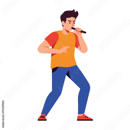 Man holding a microphone, wearing t-shirt and jeans, isolated on white