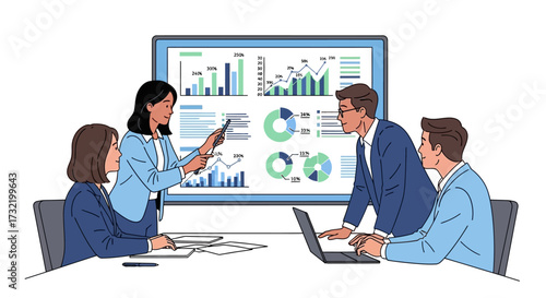 Business meeting with presentation showing statistical data and financial analysis by professionals