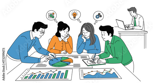 Collaborative business team meeting analyzing financial data and generating innovative ideas