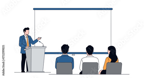 Presentation scene depicting a speaker addressing an audience in a business context or educational