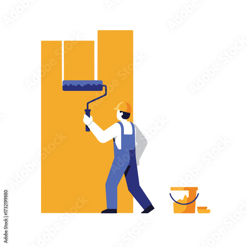 Flat illustration of a painter using a roller painting a yellow wall