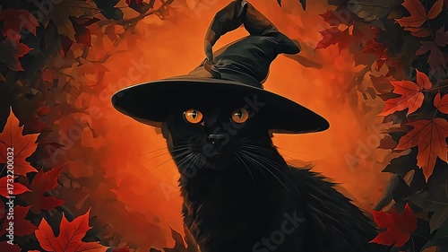 Black cat in witch hat sits amongst autumn leaves beneath warm light