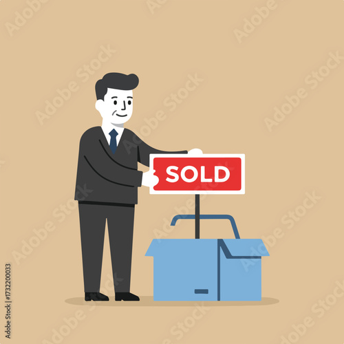 Man in suit holding "Sold" sign above an open blue box on beige background
