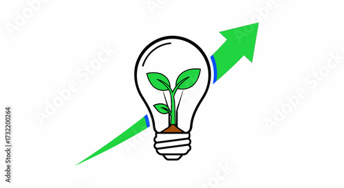 Growing innovation: Seedling within lightbulb accompanied by upward trending arrow