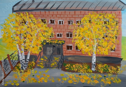 Autumnal scene with a brick building framed by two yellow birch trees and fallen leaves scattered on the ground. Paint hand drawn