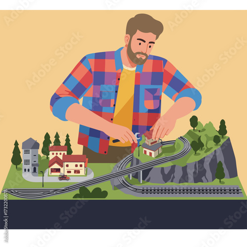 Man repairing miniature train set, complete with tracks, buildings, and scenery
