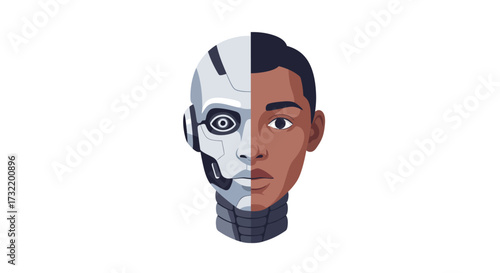 Half Human Half Robot Face Illustration on White Background.