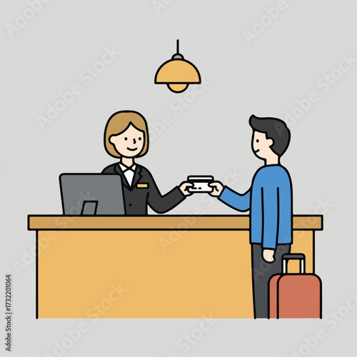 Man checks in at hotel, handing a credit card to a woman behind desk