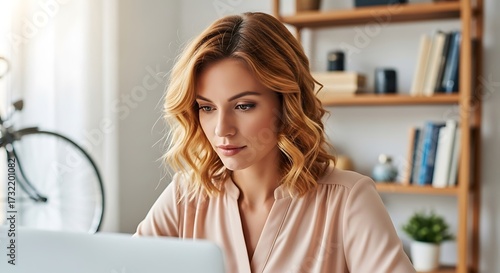 Focused professional woman with red hair working intently on a laptop computer at her desk in a bright home office environment with bookshelves in the background Free Download Focused professional woman with red hair working intently on a laptop computer at her desk in a bright home office environment with bookshelves in the background - GFXLoad