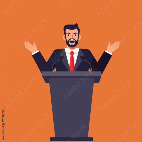 Man in suit speaks at podium, open-mouthed, with arms raised against orange