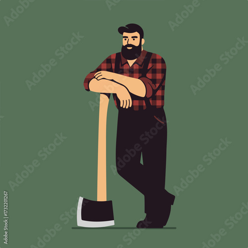Lumberjack resting on axe, plaid shirt, dark background