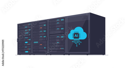 Server Racks with AI Cloud Symbol Data Center Infrastructure Illustration.