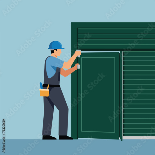 Man in overalls opening dark green shutter door