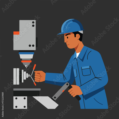 Man in blue helmet operates machine press in a minimalist industrial setting