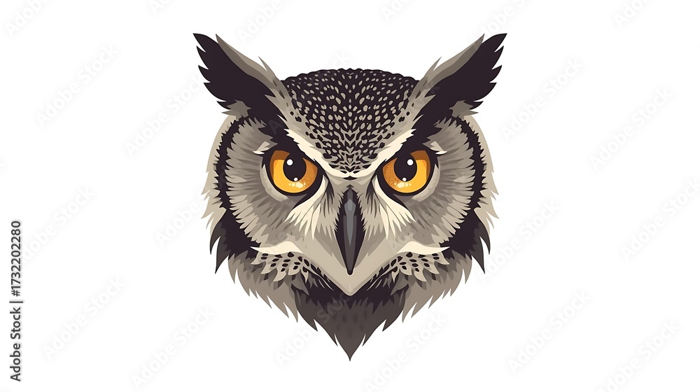 Fototapeta premium A detailed illustration of a great horned owl's face with piercing yellow eyes and feathered ear tufts.