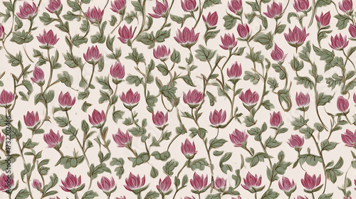 Trailing lotus bud floral vines seamless pattern in sage green and mauve
