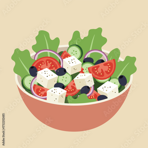 Colorful salad with lettuce, feta, tomato, cucumber, onion, and olives