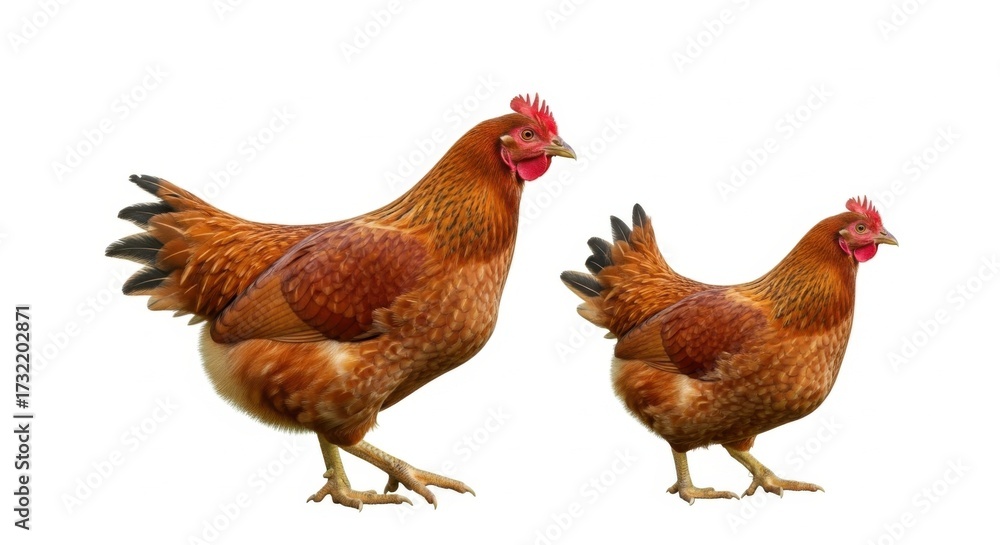 Fototapeta premium Two Brown Chickens Standing on White Background in Natural Setting