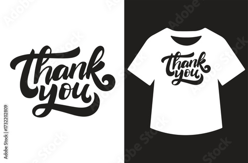 Minimalist black and white graphic featuring "Thank You" in modern calligraphy. Text shown standalone and on a white t-shirt design. Clean, bold, high-contrast style for print or design use.
