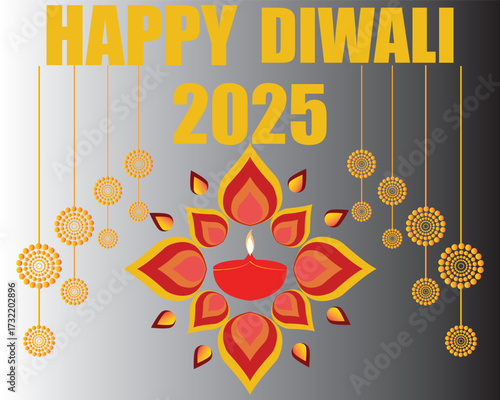Happy Diwali 2025 festival greeting card design.Colorful Happy Diwali 2025 greeting card with diya lamp, rangoli floral decoration, and  ornaments celebrating the Indian festival of lights.EPS 10/ AI.