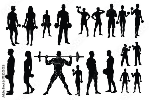 Black silhouettes of people exercising with weights